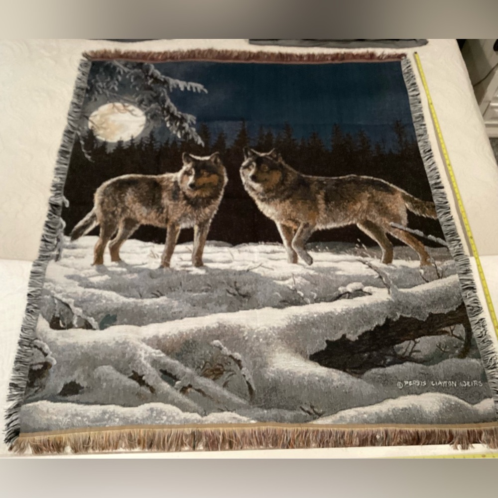 🔵 Vintage & New - Moon Rise Wolves Woven Tapestry Throw - Rare - Christmas Gift - Picture 5 of 14